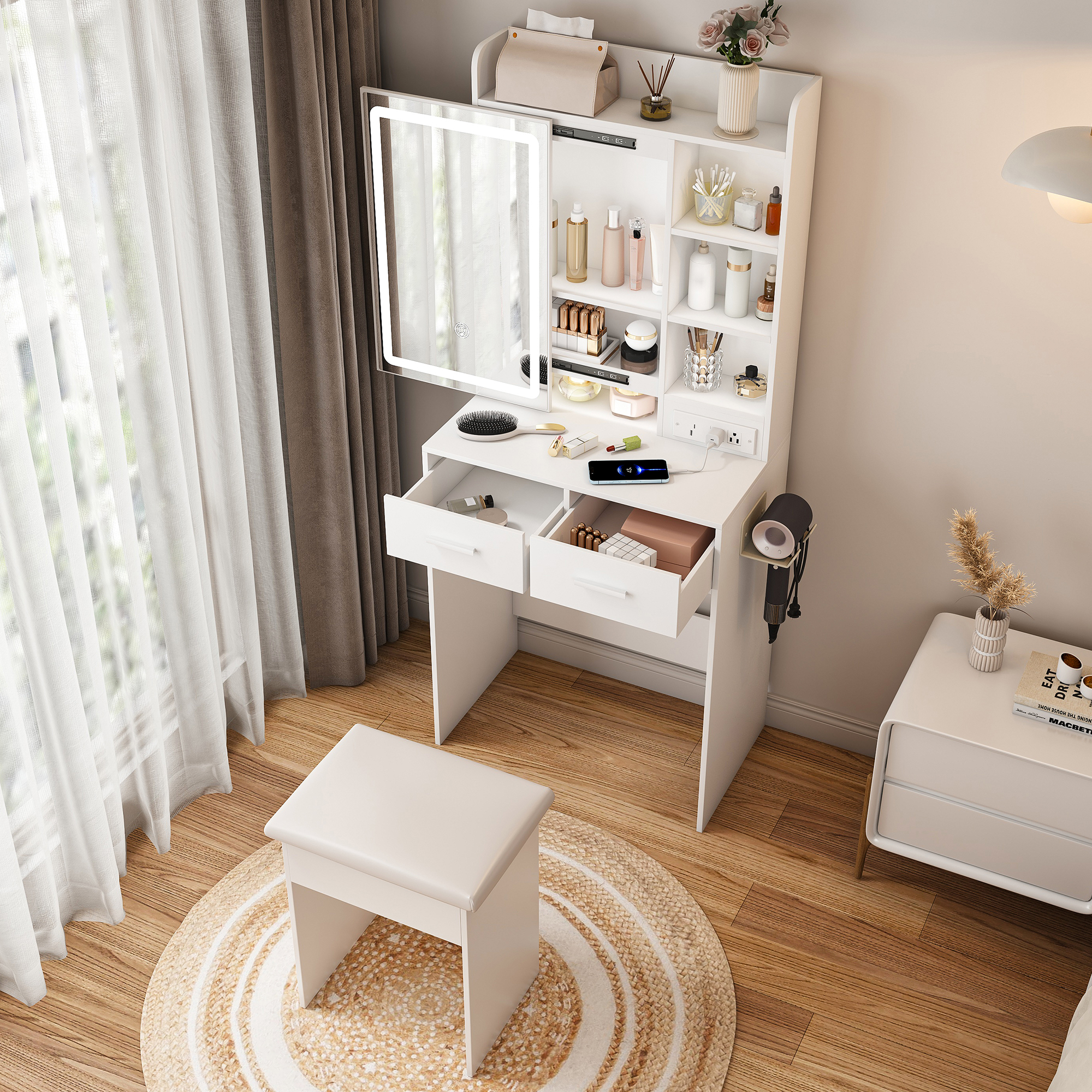 Small Makeup Vanity Desk with Mirror & Adjustable LED Lights,Built-in Power Outlet & Hidden Storage, Includes padded stool & Shelf,Space-Saving Dressing Table for Small Bedrooms,White