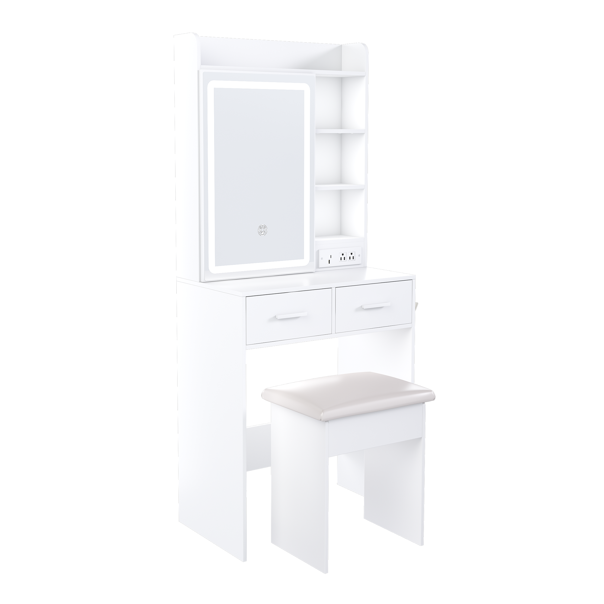 Small Makeup Vanity Desk with Mirror & Adjustable LED Lights,Built-in Power Outlet & Hidden Storage, Includes padded stool & Shelf,Space-Saving Dressing Table for Small Bedrooms,White