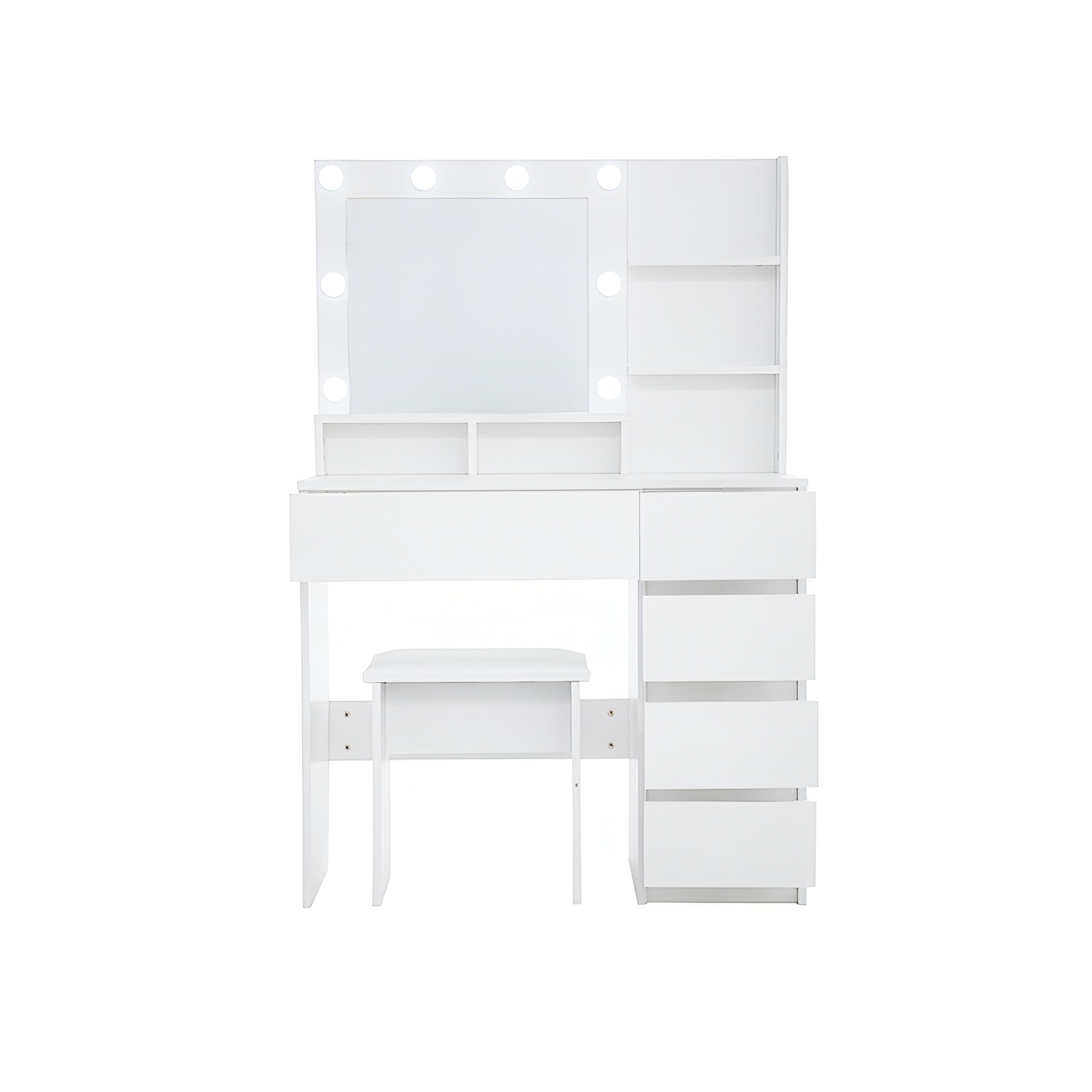 Vanity, Makeup Vanity Desk Set with Mirror & Light, Dressing Table Storage Lots , 3 Lighting Modes with Adjustable Brightness, White with Stool