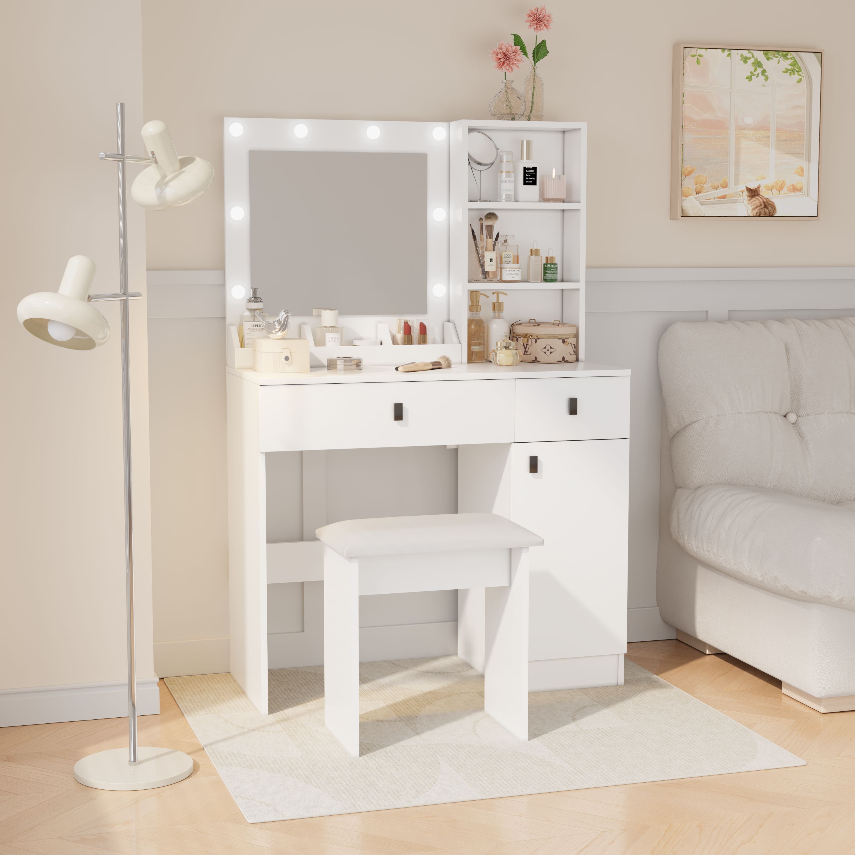 Vanity Desk with Lights, Vanity Set with Mirror, Makeup Vanity Desk with Large Drawers & Three Level Storage Dreeser, Vanitys/Vanities with 3 Lights Brightness Adjustable for Bedroom, White