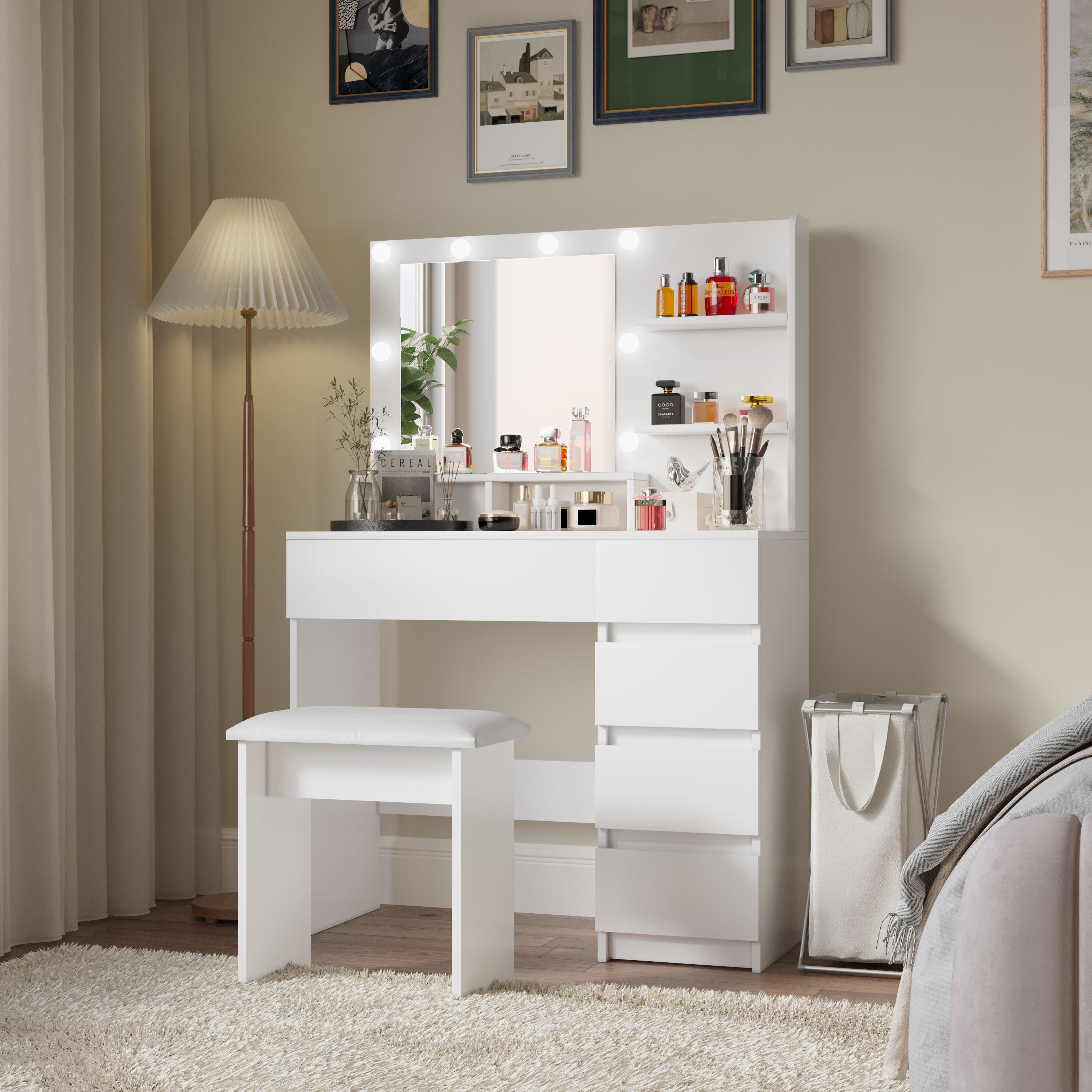 Vanity, Makeup Vanity Desk Set with Mirror & Light, Dressing Table Storage Lots , 3 Lighting Modes with Adjustable Brightness, White with Stool