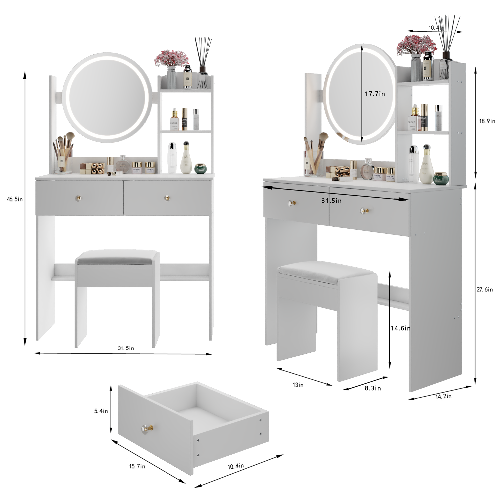 17" Round LED Mirror Vanity Table + Soft Cushion Stool Suit, Large Mirror, Touch Switch, 3 colors, Adjustable Brightness, Large Desktop, Multi-layer High Capacity Storage, Suitable For Small Space