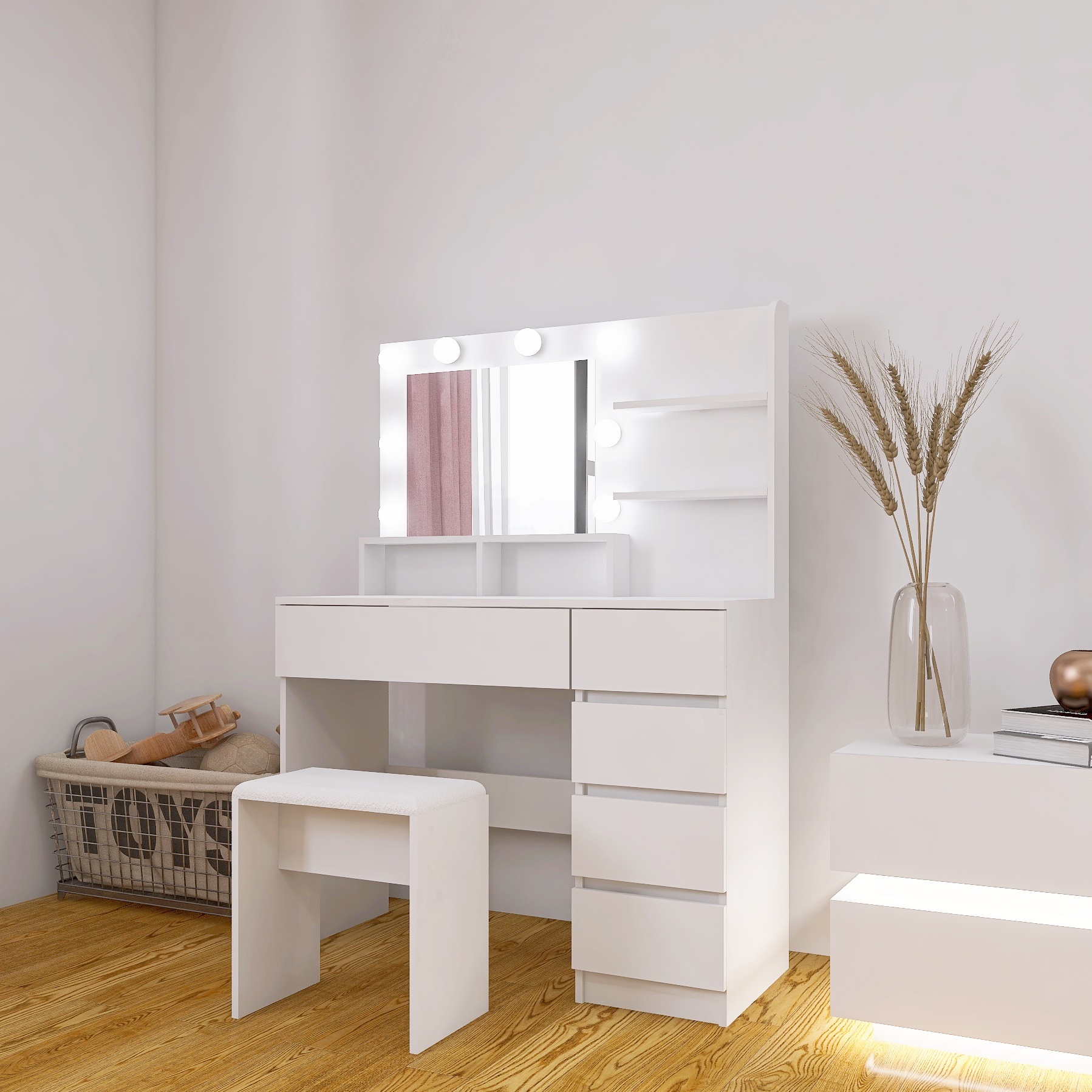 Vanity, Makeup Vanity Desk Set with Mirror & Light, Dressing Table Storage Lots , 3 Lighting Modes with Adjustable Brightness, White with Stool