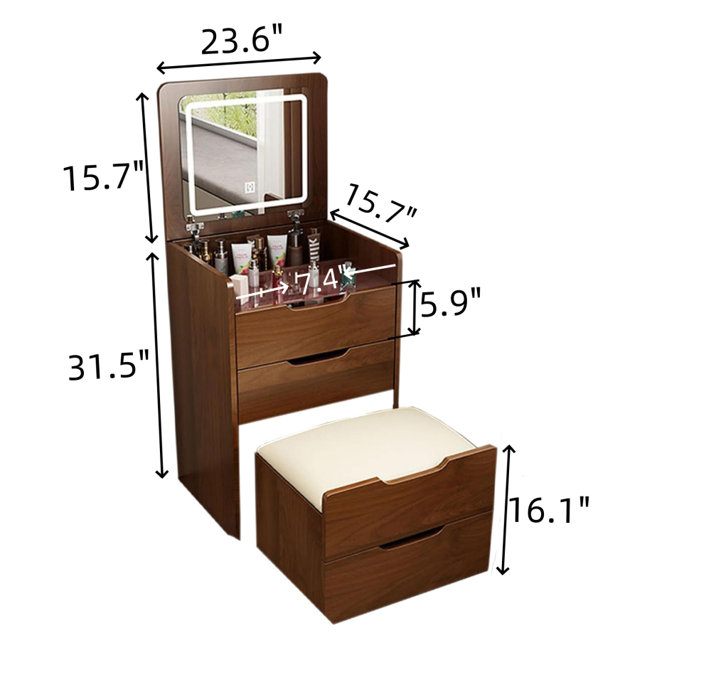 (60cm) 3 in 1 Vanity Desk with Plip Top Mirror, Small Make Up Vanity Set with Visible Glass Desktop, Compact Makeup Vanity with 3 Drawers, Dressing Table for Bedroom (Walnut Color)