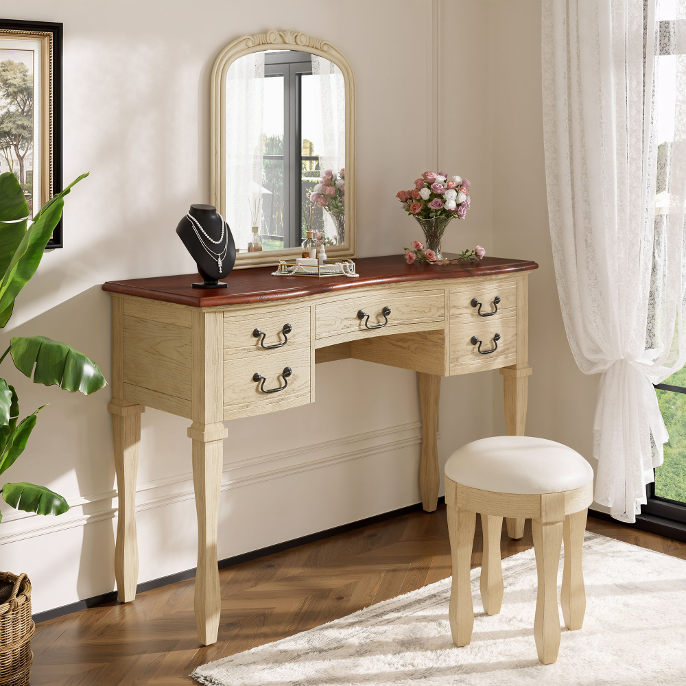 46" Vintage Makeup Vanity with Curved Flower Frame Mirror, Elegant Dressing Table with 5 Drawers and Leather Stool, Vanity Desk with Solid Wood Legs and Antique Handles for Bedroom