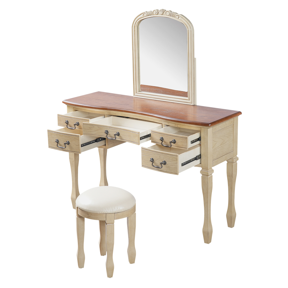 46" Vintage Makeup Vanity with Curved Flower Frame Mirror, Elegant Dressing Table with 5 Drawers and Leather Stool, Vanity Desk with Solid Wood Legs and Antique Handles for Bedroom