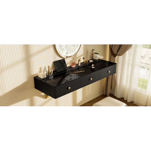 GO 47" Floating Shelf with Drawer, Multi-Purpose Wall-Mounted Vanity Table, Mounted Desk, Floating Table for Bedroom, Bathroom, Hairdressers, Black and Golden