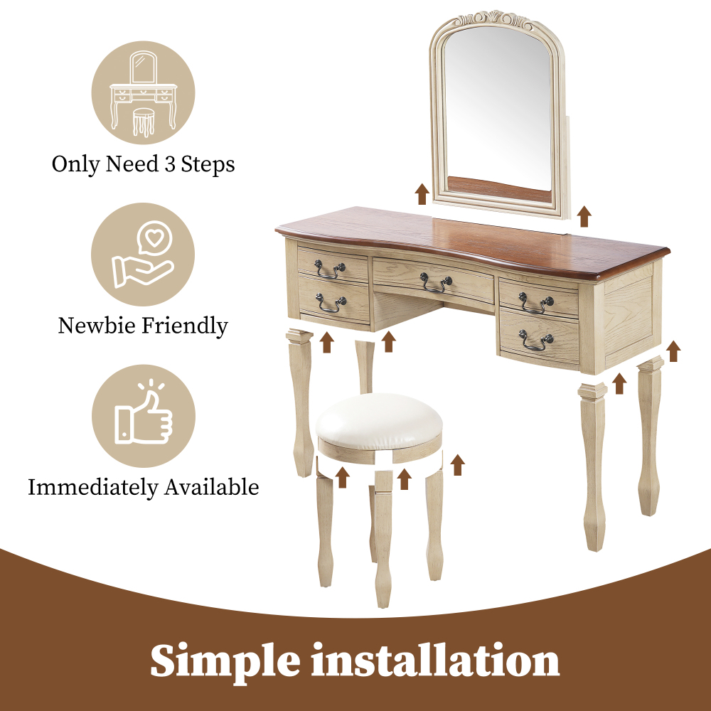 46" Vintage Makeup Vanity with Curved Flower Frame Mirror, Elegant Dressing Table with 5 Drawers and Leather Stool, Vanity Desk with Solid Wood Legs and Antique Handles for Bedroom