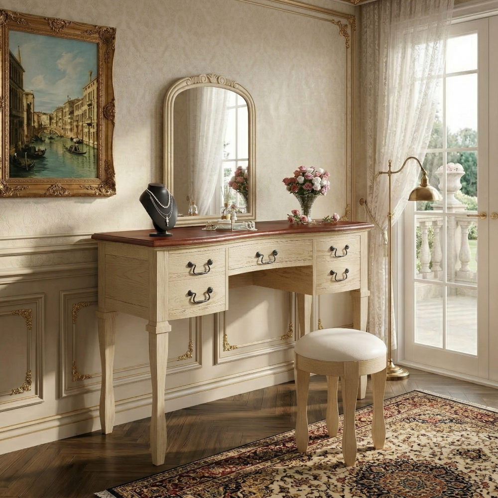 46" Vintage Makeup Vanity with Curved Flower Frame Mirror, Elegant Dressing Table with 5 Drawers and Leather Stool, Vanity Desk with Solid Wood Legs and Antique Handles for Bedroom