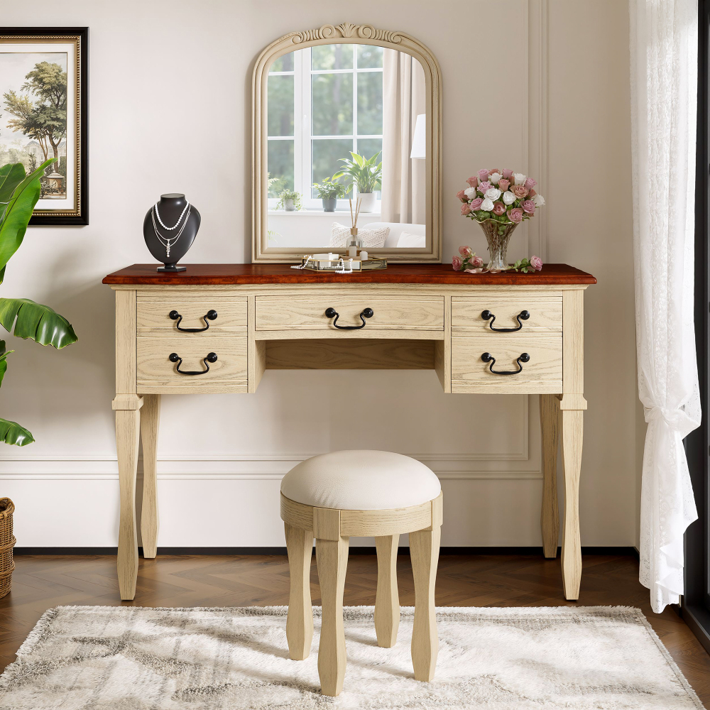 46" Vintage Makeup Vanity with Curved Flower Frame Mirror, Elegant Dressing Table with 5 Drawers and Leather Stool, Vanity Desk with Solid Wood Legs and Antique Handles for Bedroom