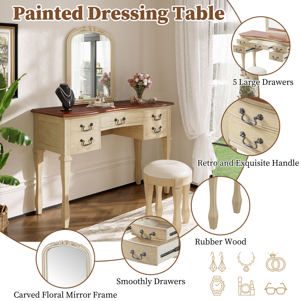 46" Vintage Makeup Vanity with Curved Flower Frame Mirror, Elegant Dressing Table with 5 Drawers and Leather Stool, Vanity Desk with Solid Wood Legs and Antique Handles for Bedroom