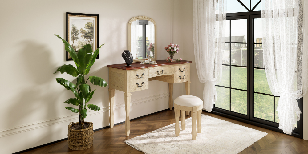 46" Vintage Makeup Vanity with Curved Flower Frame Mirror, Elegant Dressing Table with 5 Drawers and Leather Stool, Vanity Desk with Solid Wood Legs and Antique Handles for Bedroom