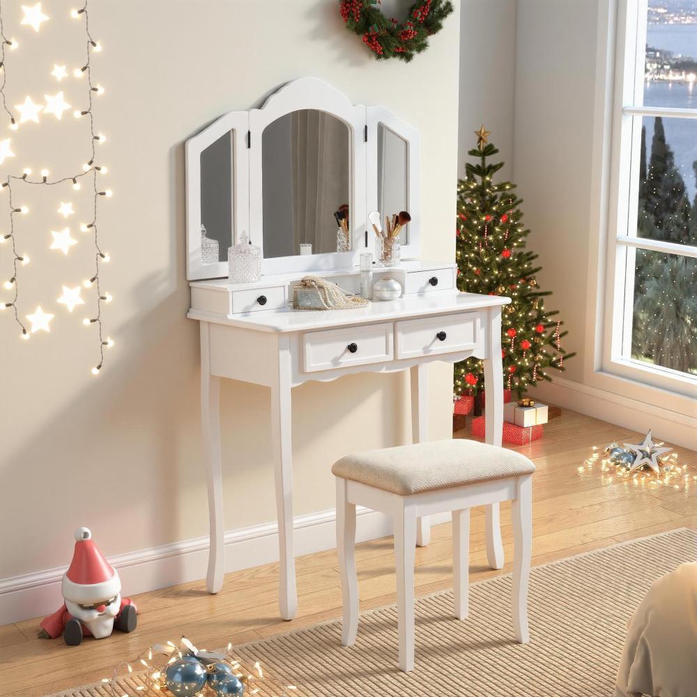 Sanlo Wooden Vanity Make Up Table and Stool Set, Rose Gold