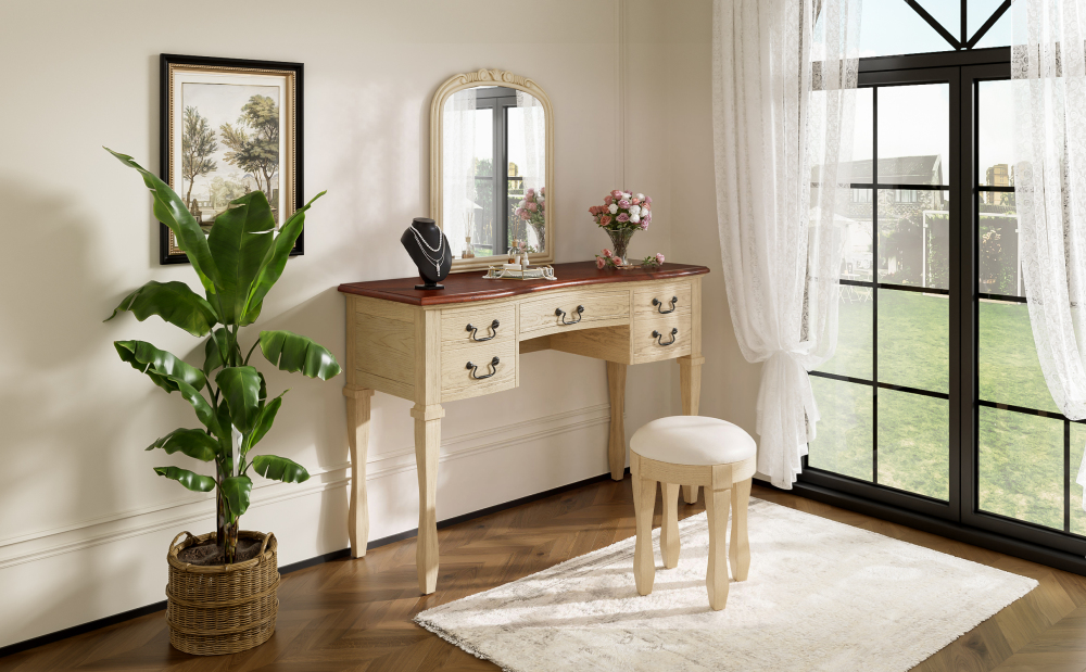 46" Vintage Makeup Vanity with Curved Flower Frame Mirror, Elegant Dressing Table with 5 Drawers and Leather Stool, Vanity Desk with Solid Wood Legs and Antique Handles for Bedroom