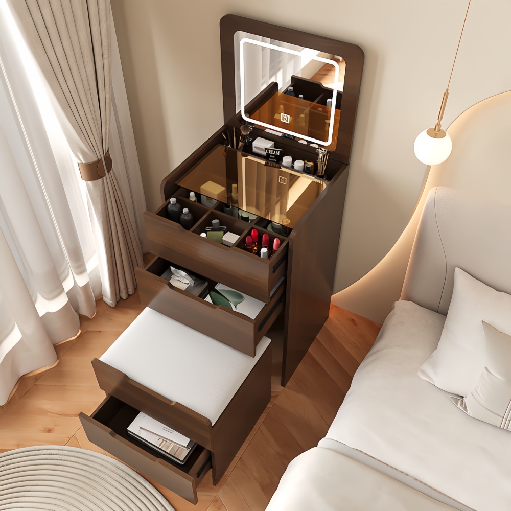 (60cm) 3 in 1 Vanity Desk with Plip Top Mirror, Small Make Up Vanity Set with Visible Glass Desktop, Compact Makeup Vanity with 3 Drawers, Dressing Table for Bedroom (Walnut Color)