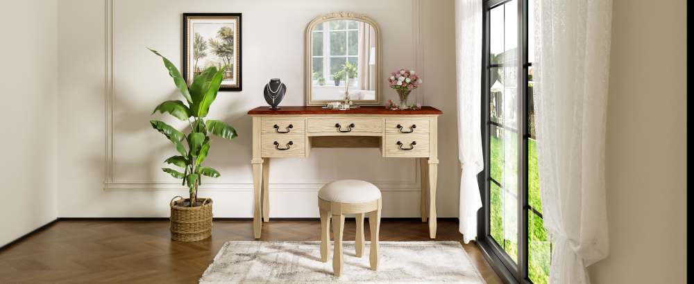 46" Vintage Makeup Vanity with Curved Flower Frame Mirror, Elegant Dressing Table with 5 Drawers and Leather Stool, Vanity Desk with Solid Wood Legs and Antique Handles for Bedroom