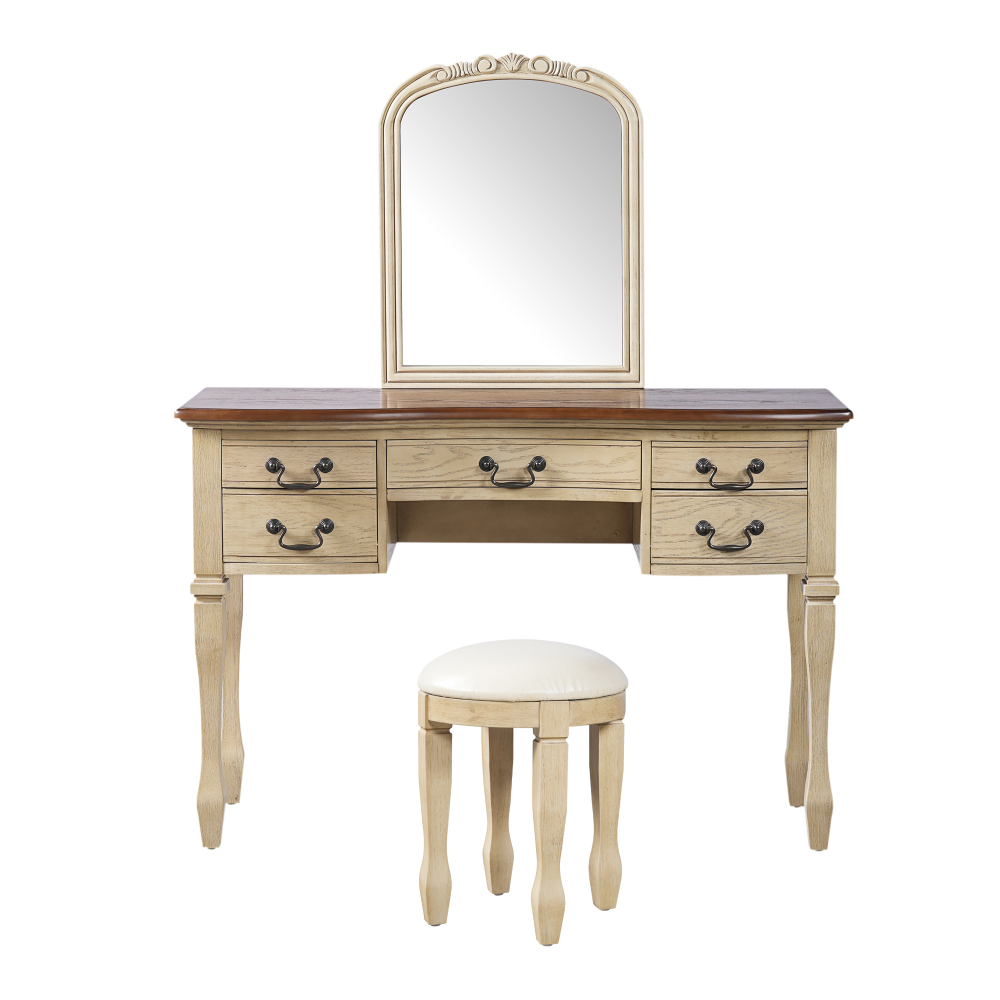 46" Vintage Makeup Vanity with Curved Flower Frame Mirror, Elegant Dressing Table with 5 Drawers and Leather Stool, Vanity Desk with Solid Wood Legs and Antique Handles for Bedroom