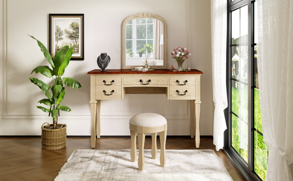 46" Vintage Makeup Vanity with Curved Flower Frame Mirror, Elegant Dressing Table with 5 Drawers and Leather Stool, Vanity Desk with Solid Wood Legs and Antique Handles for Bedroom