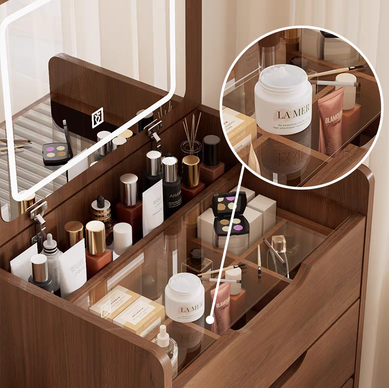 (60cm) 3 in 1 Vanity Desk with Plip Top Mirror, Small Make Up Vanity Set with Visible Glass Desktop, Compact Makeup Vanity with 3 Drawers, Dressing Table for Bedroom (Walnut Color)