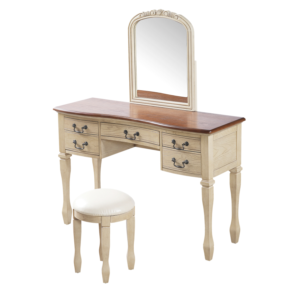 46" Vintage Makeup Vanity with Curved Flower Frame Mirror, Elegant Dressing Table with 5 Drawers and Leather Stool, Vanity Desk with Solid Wood Legs and Antique Handles for Bedroom