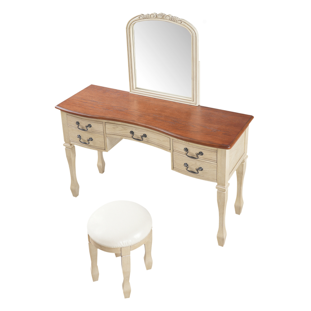 46" Vintage Makeup Vanity with Curved Flower Frame Mirror, Elegant Dressing Table with 5 Drawers and Leather Stool, Vanity Desk with Solid Wood Legs and Antique Handles for Bedroom