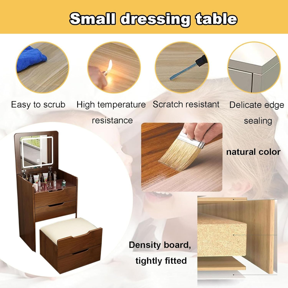 (60cm) 3 in 1 Vanity Desk with Plip Top Mirror, Small Make Up Vanity Set with Visible Glass Desktop, Compact Makeup Vanity with 3 Drawers, Dressing Table for Bedroom (Walnut Color)