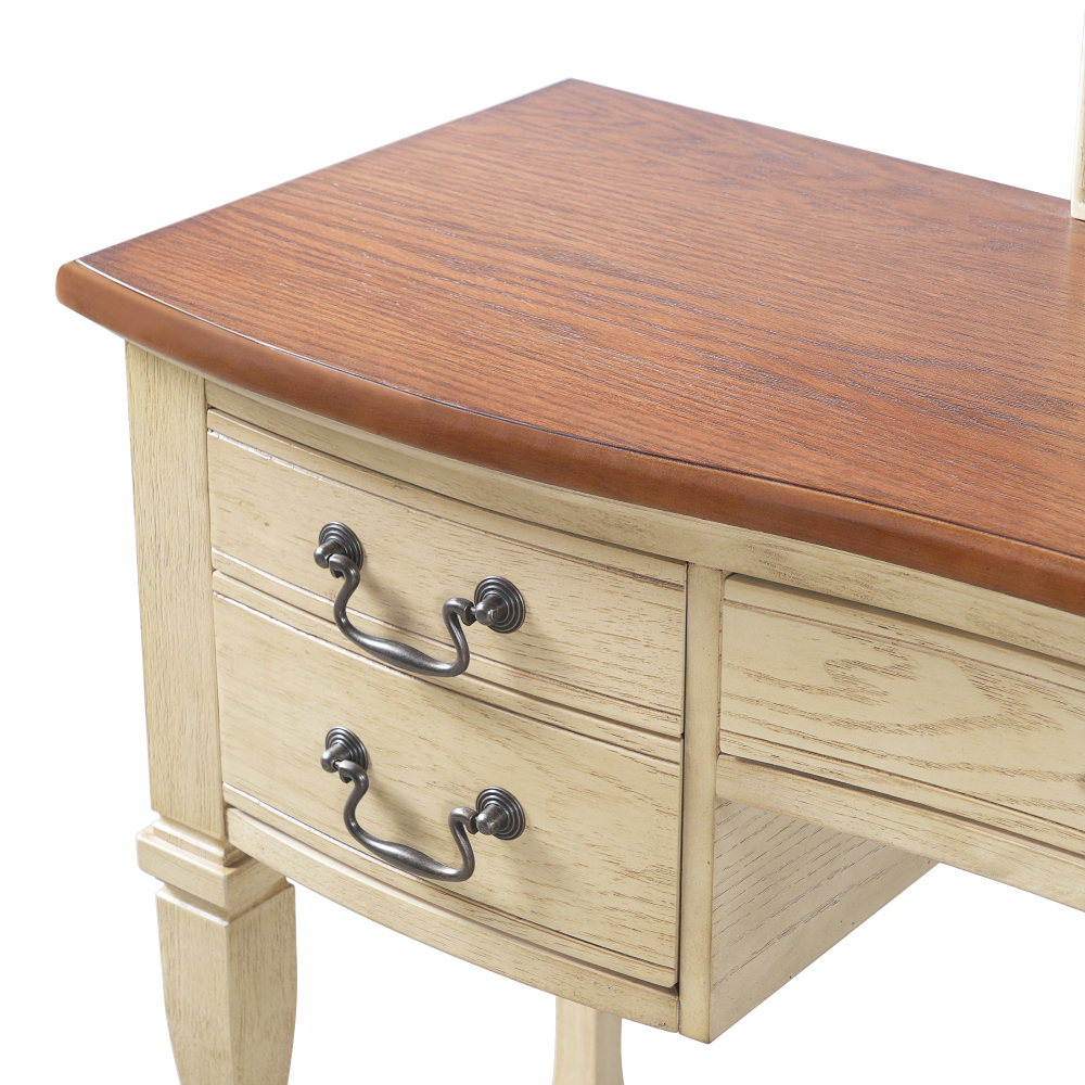 46" Vintage Makeup Vanity with Curved Flower Frame Mirror, Elegant Dressing Table with 5 Drawers and Leather Stool, Vanity Desk with Solid Wood Legs and Antique Handles for Bedroom