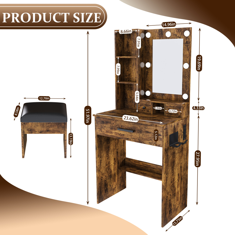 Vanity Table with Mirror & Adjustable LED Lights, Power Outlet, Hairdryer Holder & Stool – Compact Dressing Desk for Small Bedrooms(Vintage)