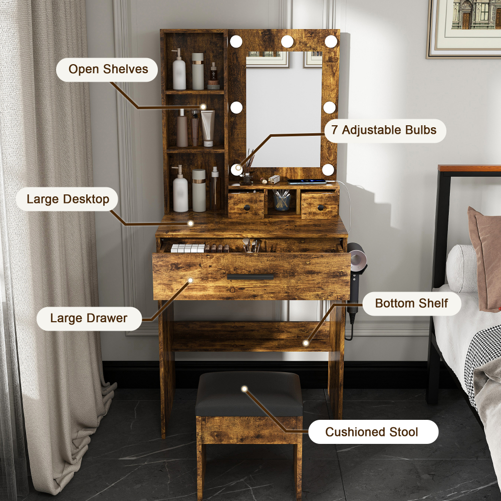 Vanity Table with Mirror & Adjustable LED Lights, Power Outlet, Hairdryer Holder & Stool – Compact Dressing Desk for Small Bedrooms(Vintage)