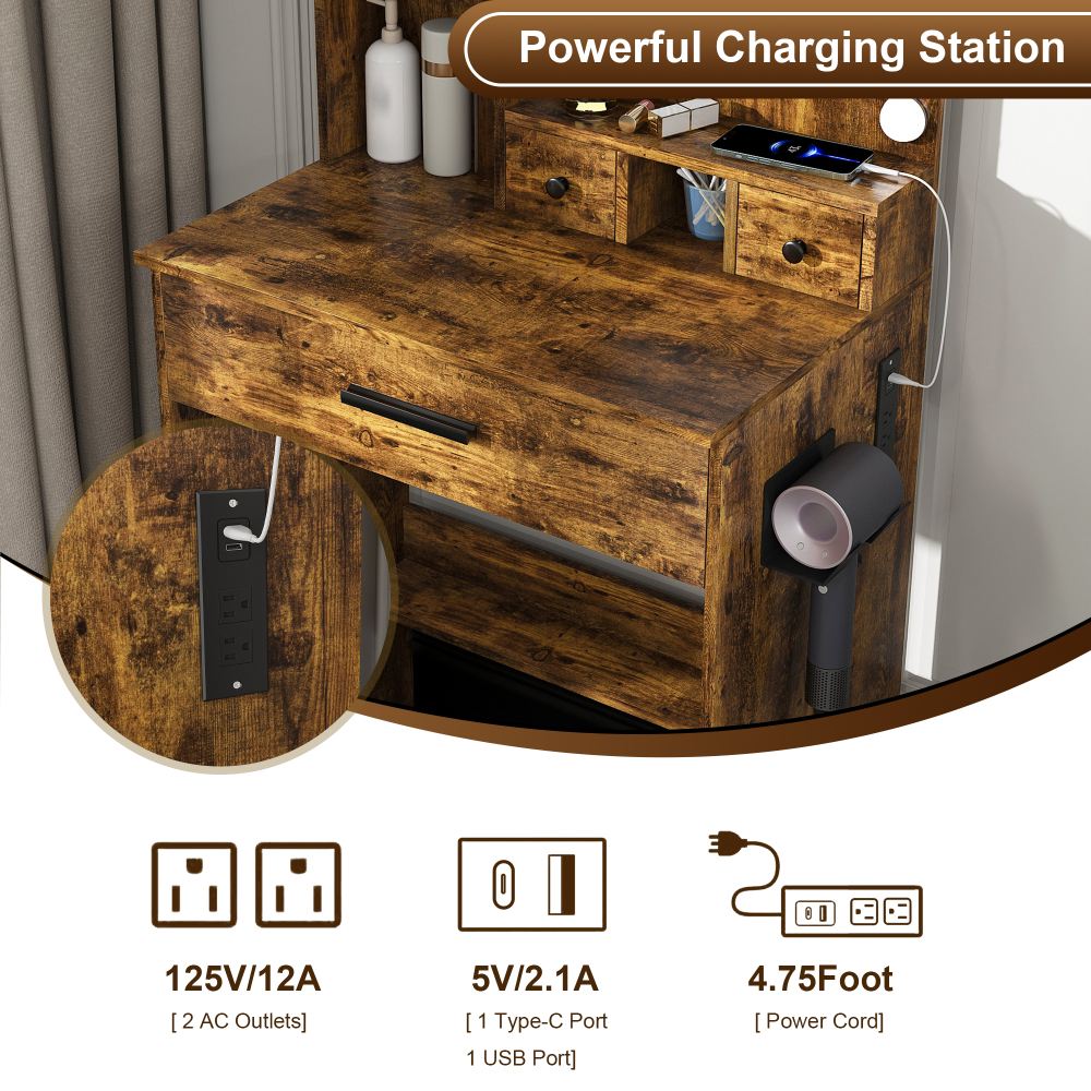 Vanity Table with Mirror & Adjustable LED Lights, Power Outlet, Hairdryer Holder & Stool – Compact Dressing Desk for Small Bedrooms(Vintage)