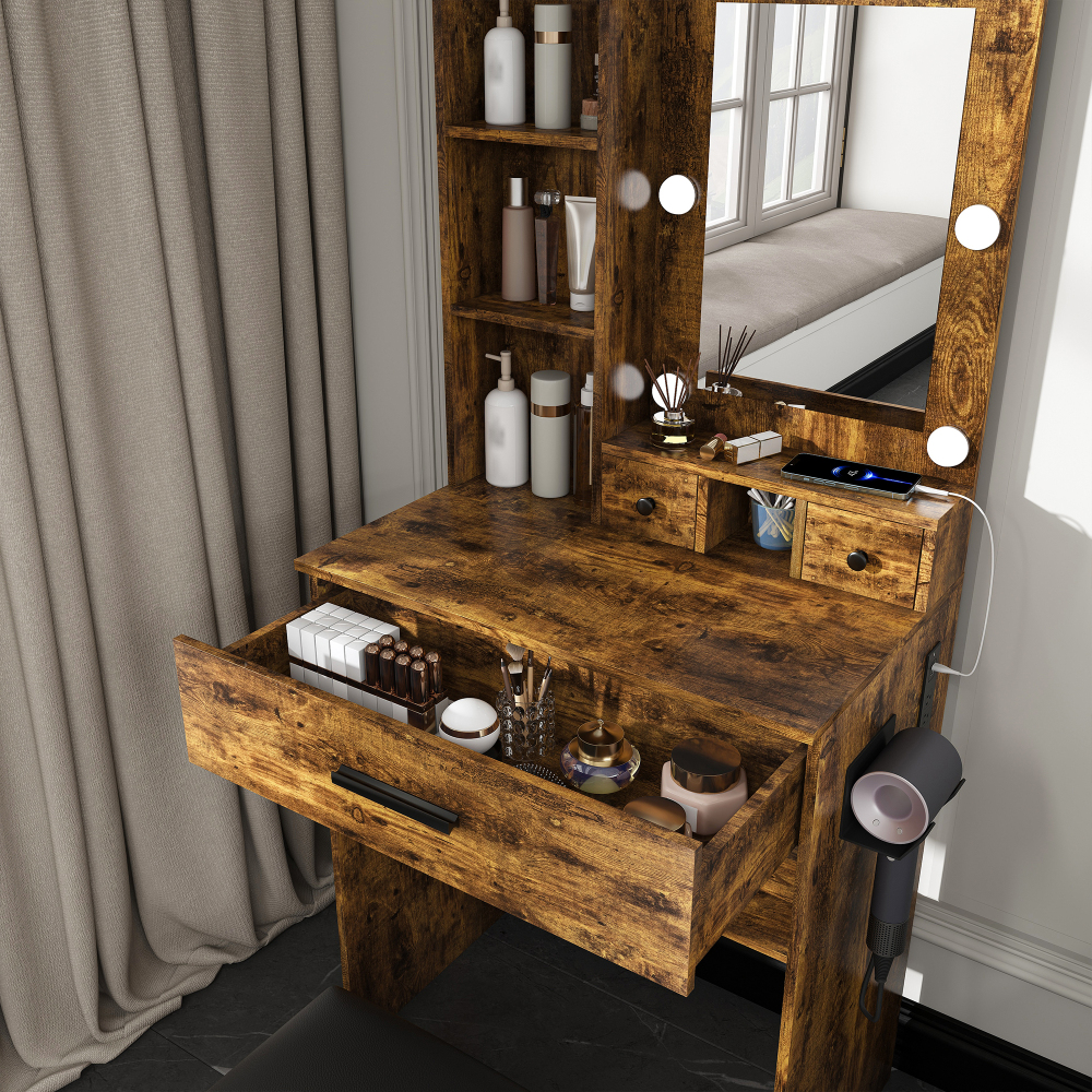 Vanity Table with Mirror & Adjustable LED Lights, Power Outlet, Hairdryer Holder & Stool – Compact Dressing Desk for Small Bedrooms(Vintage)