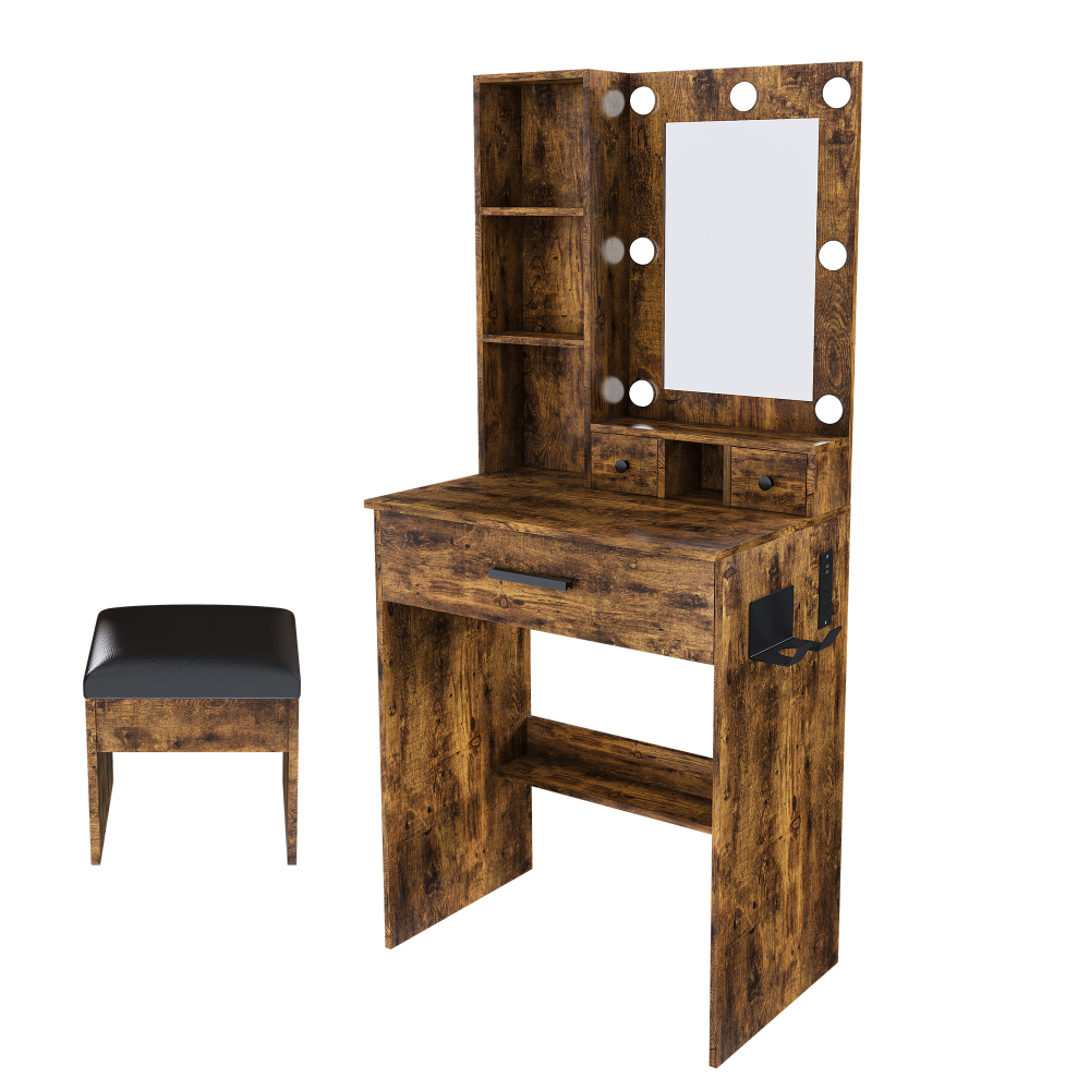 Vanity Table with Mirror & Adjustable LED Lights, Power Outlet, Hairdryer Holder & Stool – Compact Dressing Desk for Small Bedrooms(Vintage)