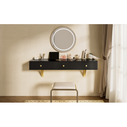 GO 47" Floating Shelf with Drawer, Multi-Purpose Wall-Mounted Vanity Table, Mounted Desk, Floating Table for Bedroom, Bathroom, Hairdressers, Black and Golden