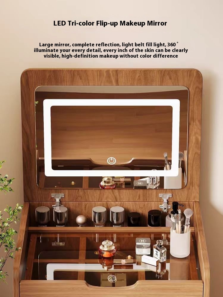 (60cm) 3 in 1 Vanity Desk with Plip Top Mirror, Small Make Up Vanity Set with Visible Glass Desktop, Compact Makeup Vanity with 3 Drawers, Dressing Table for Bedroom (Walnut Color)