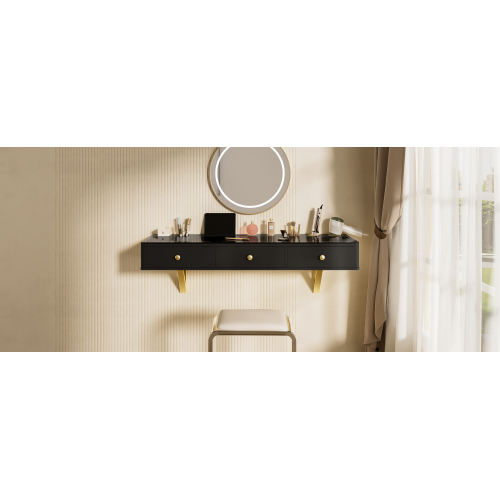 GO 47" Floating Shelf with Drawer, Multi-Purpose Wall-Mounted Vanity Table, Mounted Desk, Floating Table for Bedroom, Bathroom, Hairdressers, Black and Golden