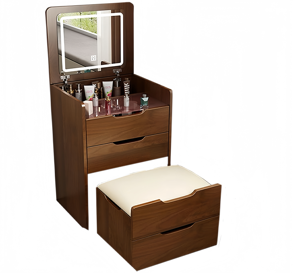 (60cm) 3 in 1 Vanity Desk with Plip Top Mirror, Small Make Up Vanity Set with Visible Glass Desktop, Compact Makeup Vanity with 3 Drawers, Dressing Table for Bedroom (Walnut Color)