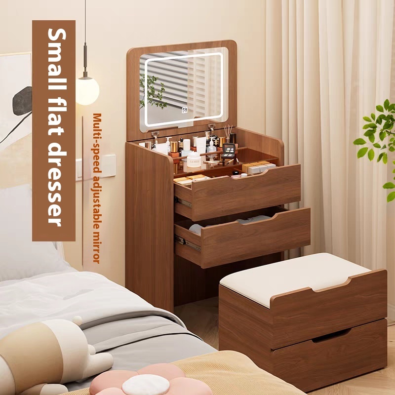 (60cm) 3 in 1 Vanity Desk with Plip Top Mirror, Small Make Up Vanity Set with Visible Glass Desktop, Compact Makeup Vanity with 3 Drawers, Dressing Table for Bedroom (Walnut Color)