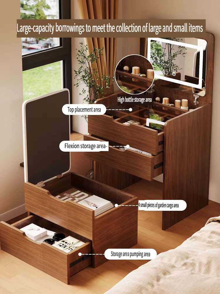 (60cm) 3 in 1 Vanity Desk with Plip Top Mirror, Small Make Up Vanity Set with Visible Glass Desktop, Compact Makeup Vanity with 3 Drawers, Dressing Table for Bedroom (Walnut Color)