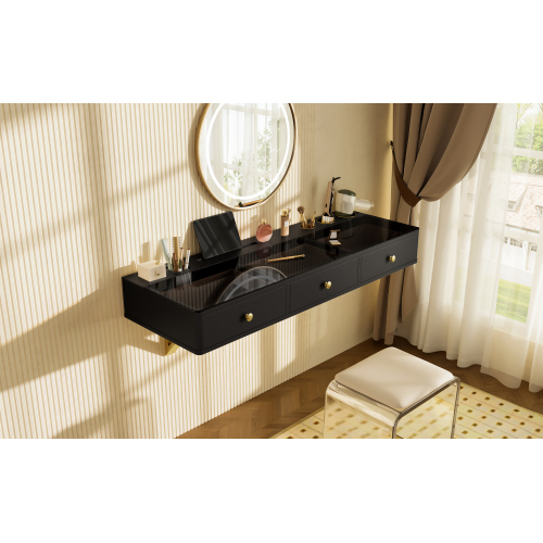 GO 47" Floating Shelf with Drawer, Multi-Purpose Wall-Mounted Vanity Table, Mounted Desk, Floating Table for Bedroom, Bathroom, Hairdressers, Black and Golden