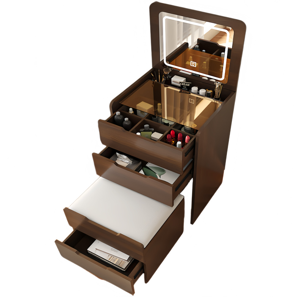 (60cm) 3 in 1 Vanity Desk with Plip Top Mirror, Small Make Up Vanity Set with Visible Glass Desktop, Compact Makeup Vanity with 3 Drawers, Dressing Table for Bedroom (Walnut Color)