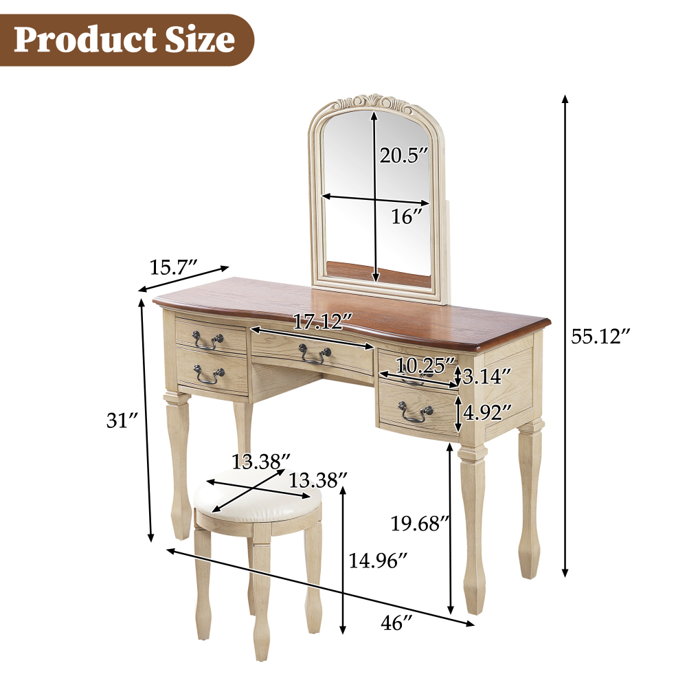 46" Vintage Makeup Vanity with Curved Flower Frame Mirror, Elegant Dressing Table with 5 Drawers and Leather Stool, Vanity Desk with Solid Wood Legs and Antique Handles for Bedroom