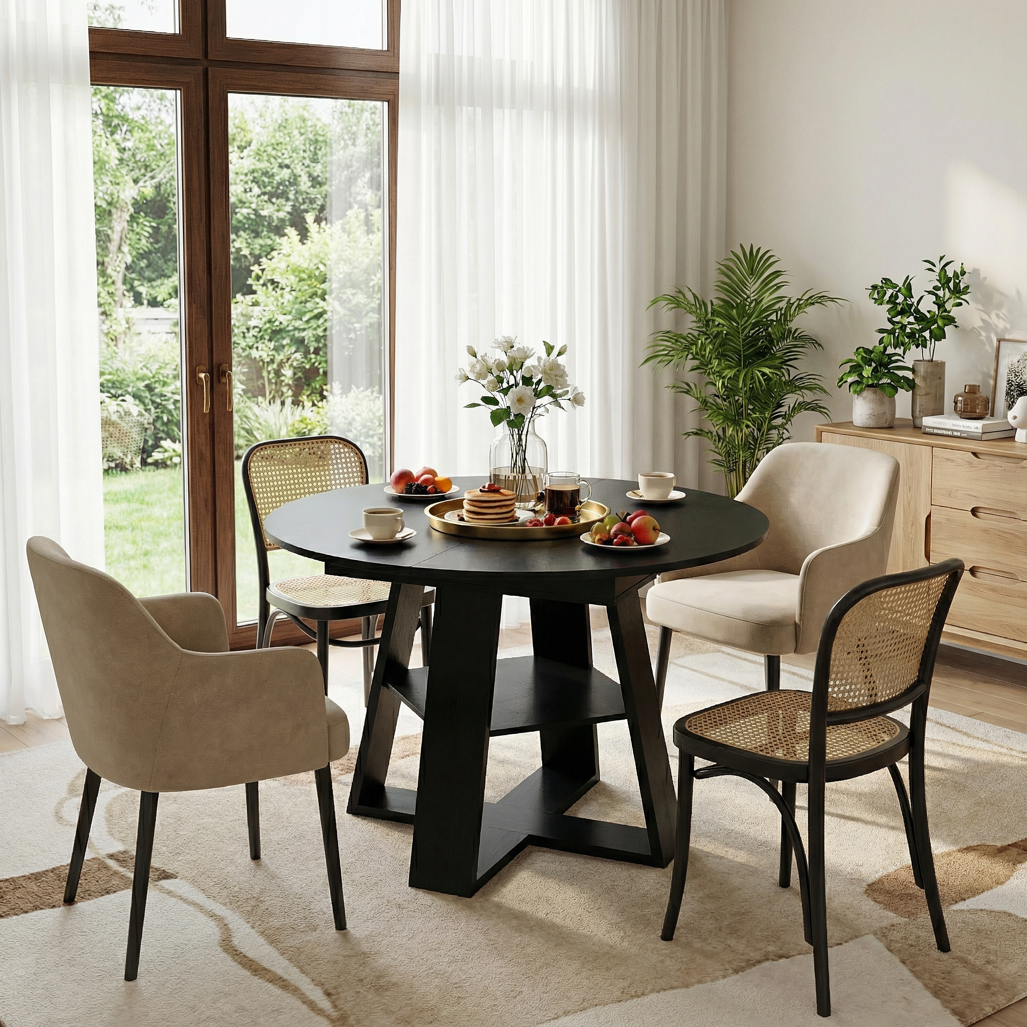 43.3in-59in Extendable Round Dining Table for 4-8,Modern Kitchen Oval Dining Table with Removable Leaves Space Saving,Wood Base with Storage Shelf for Kitchen Living Room (Black)
