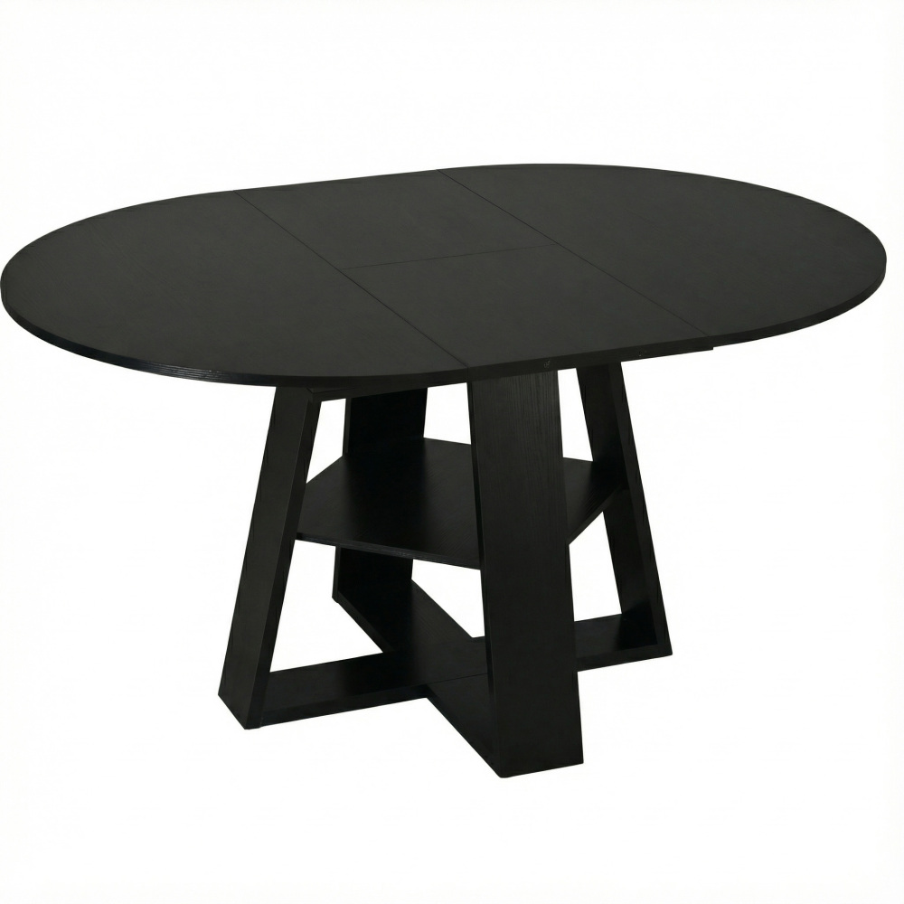 43.3in-59in Extendable Round Dining Table for 4-8,Modern Kitchen Oval Dining Table with Removable Leaves Space Saving,Wood Base with Storage Shelf for Kitchen Living Room (Black)