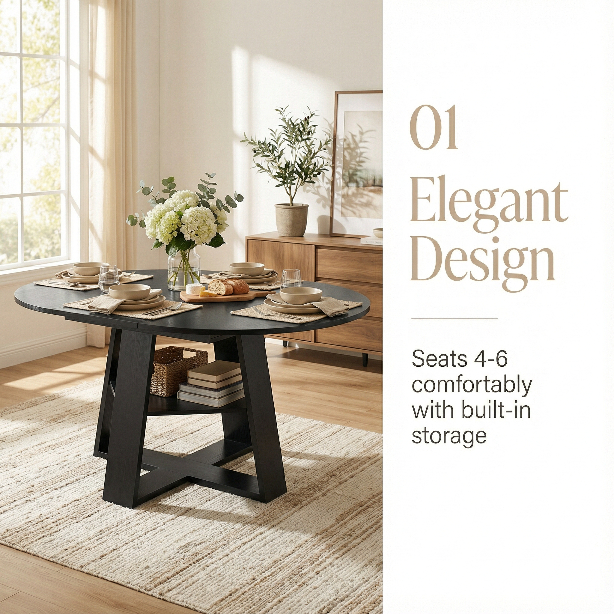43.3in-59in Extendable Round Dining Table for 4-8,Modern Kitchen Oval Dining Table with Removable Leaves Space Saving,Wood Base with Storage Shelf for Kitchen Living Room (Black)