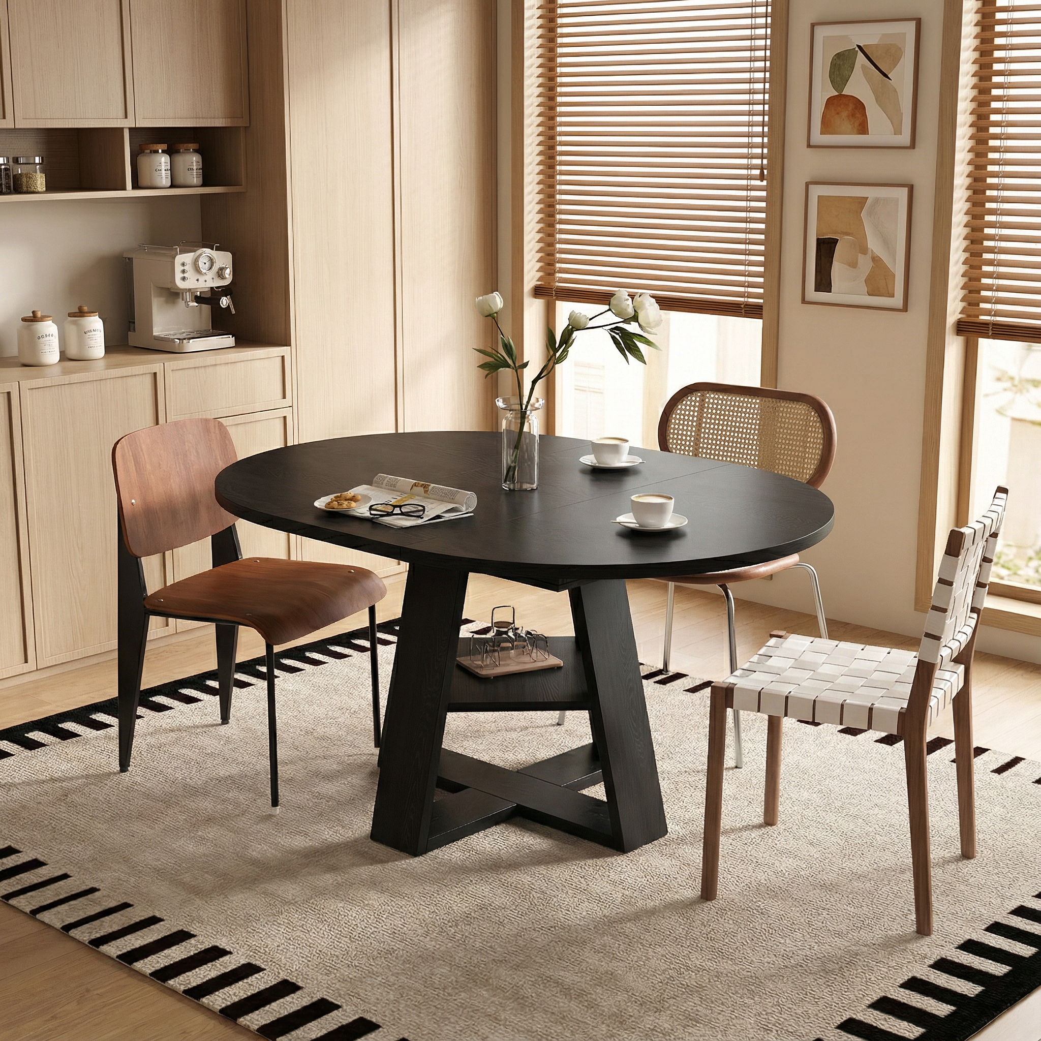 43.3in-59in Extendable Round Dining Table for 4-8,Modern Kitchen Oval Dining Table with Removable Leaves Space Saving,Wood Base with Storage Shelf for Kitchen Living Room (Black)
