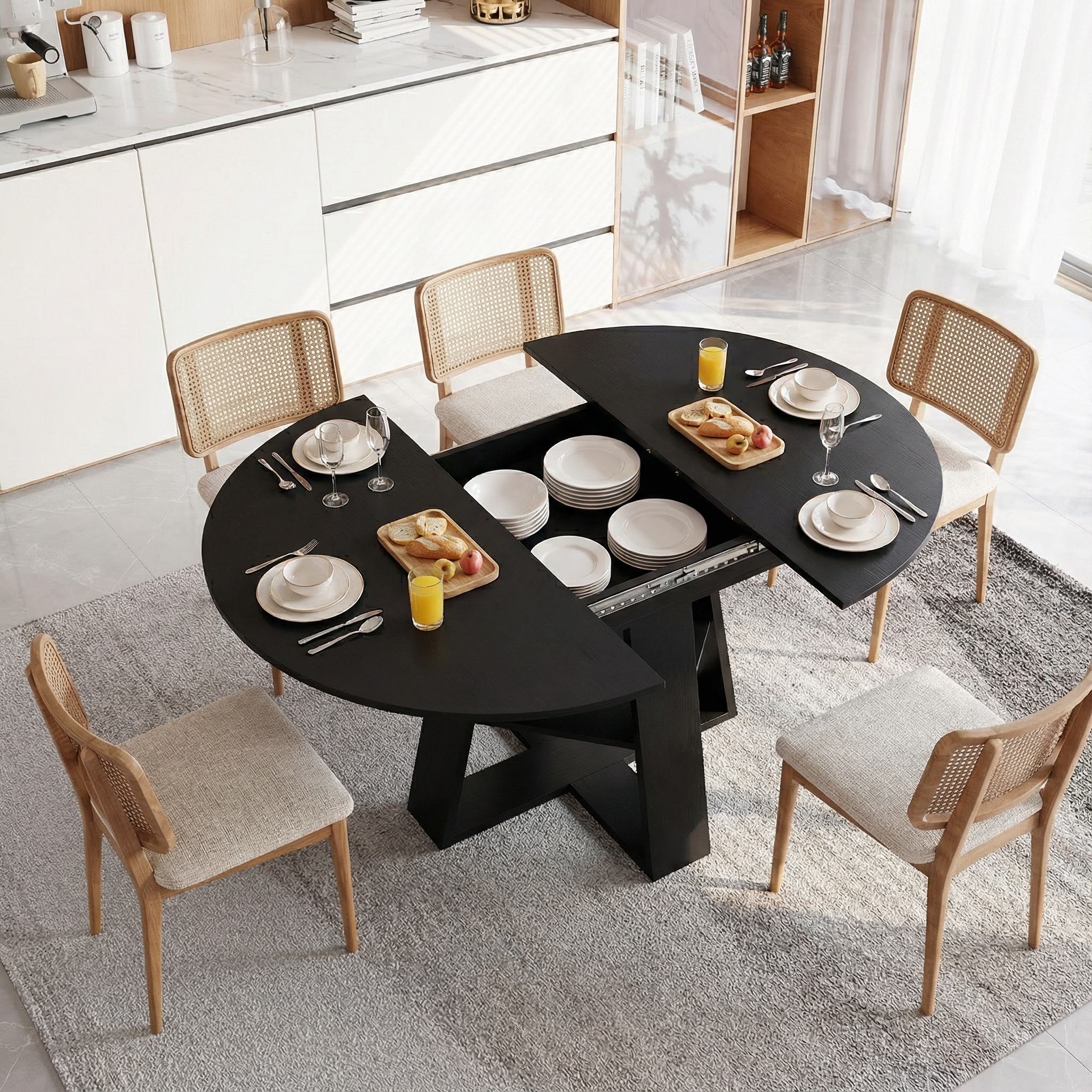 43.3in-59in Extendable Round Dining Table for 4-8,Modern Kitchen Oval Dining Table with Removable Leaves Space Saving,Wood Base with Storage Shelf for Kitchen Living Room (Black)