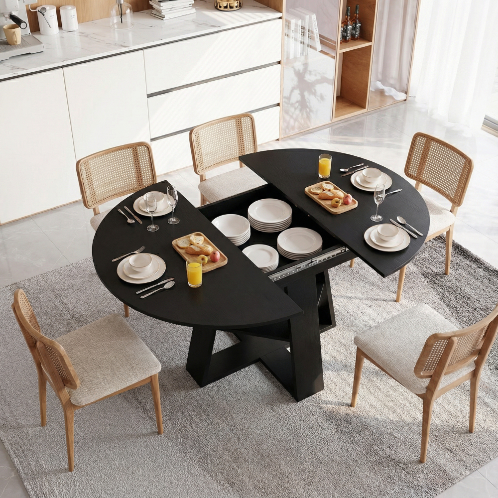 43.3in-59in Extendable Round Dining Table for 4-8,Modern Kitchen Oval Dining Table with Removable Leaves Space Saving,Wood Base with Storage Shelf for Kitchen Living Room (Black)