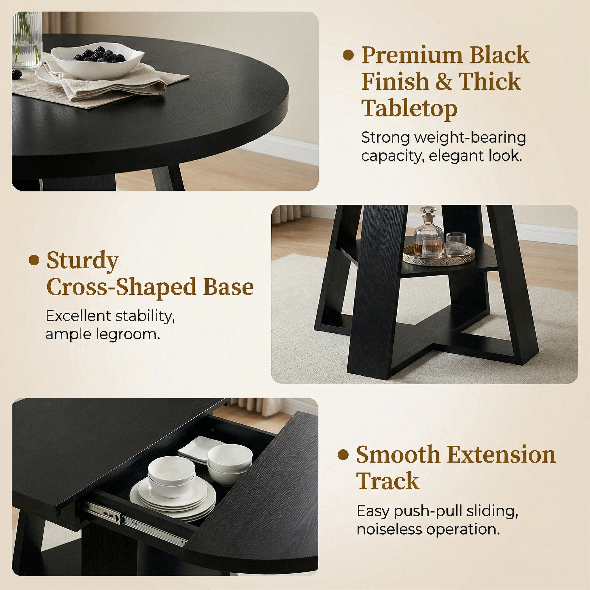 43.3in-59in Extendable Round Dining Table for 4-8,Modern Kitchen Oval Dining Table with Removable Leaves Space Saving,Wood Base with Storage Shelf for Kitchen Living Room (Black)