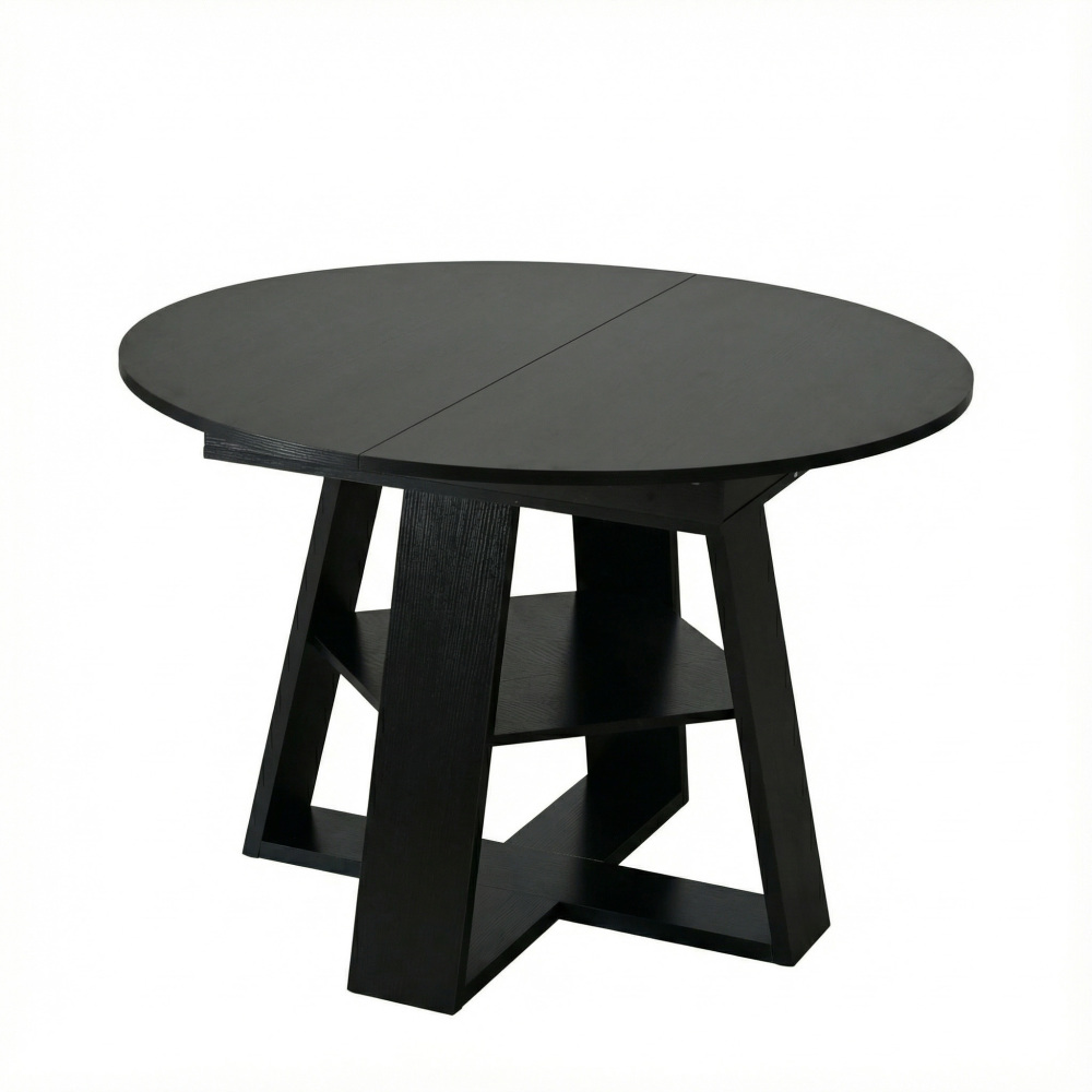 43.3in-59in Extendable Round Dining Table for 4-8,Modern Kitchen Oval Dining Table with Removable Leaves Space Saving,Wood Base with Storage Shelf for Kitchen Living Room (Black)