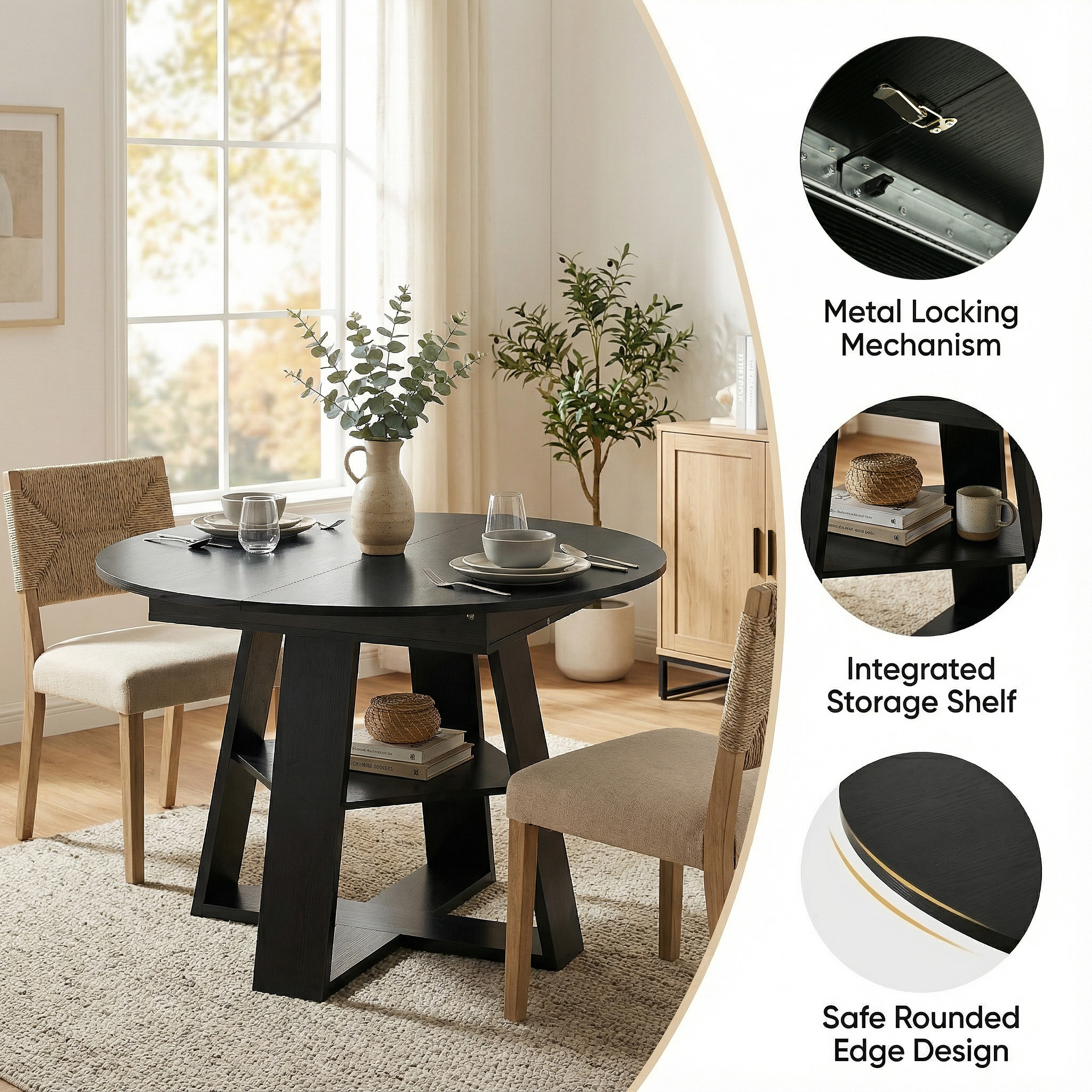 43.3in-59in Extendable Round Dining Table for 4-8,Modern Kitchen Oval Dining Table with Removable Leaves Space Saving,Wood Base with Storage Shelf for Kitchen Living Room (Black)